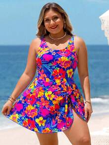 Swim Lushoire Plus Size Women Colorful Leaf Print Halter Swimdress, Beach Holiday Swimwear - Multicolor - View 5