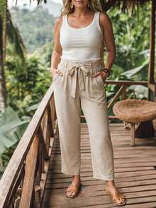 SHEIN LUNE CURVE Plus Size Woven Casual Straight-Leg Autumn Women's Pants Vacation Beige - Apricot - View 5