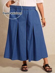 Elaquor Plus Size Solid Color Slant Pocket Elastic Waist Casual Traditional Denim Skorts Brunch Date Night Hiking Blue Autumn - Medium Wash - View 6