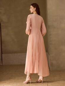 MOTF PREMIUM WOMEN'S ROMANTIC ELEGANT LACE PATCHWORK PLEATED LONG DRESS, SPRING/SUMMER - Dusty Pink - View 3