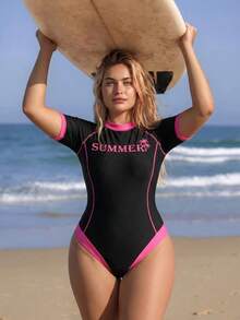 Swim SPRTY Plus Size Women Letter & Palm Tree Print Raglan Sleeve One-Piece Swimsuit - Black - View 3