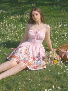 SHEIN MOD Đầm cổ yếm in họa tiết dành cho nữ cỡ lớn, có dây đeo, hoàn hảo cho mùa xuân/hè, đi biển, nghỉ mát, phong cách bohemian và thiết kế kiểu corset. - Hồng - Xem 6
