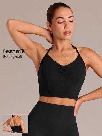 GLOWMODE FeatherFit™ Breathable Lightweight Ruched Front Princess Seams Adjustable Halter Crop Tank With Removable Anti-Slip Cups Summer Yoga Studio Barre Pilates Workout Gym Wear