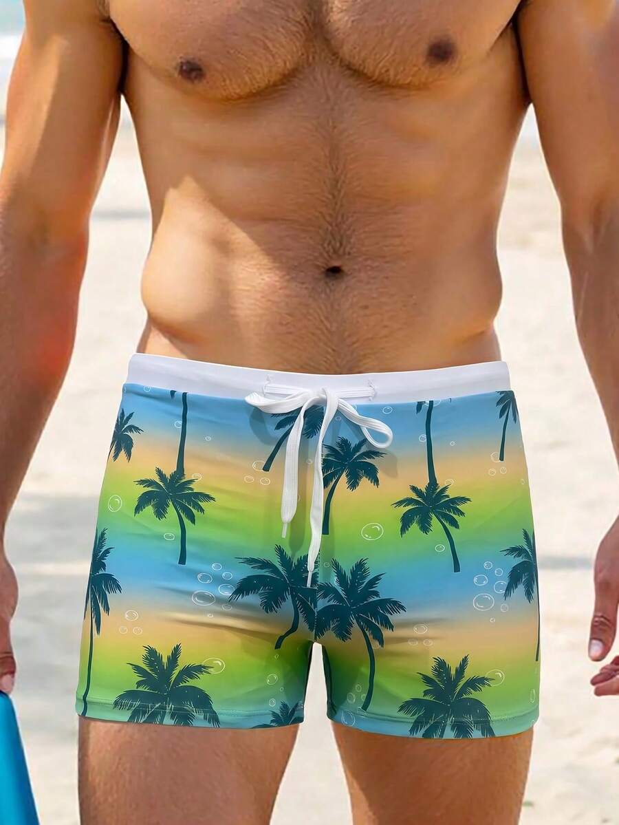 Manfinity KASUA Bóxer para hombre con cintura de cordón y estampado de palmeras, adecuado para vacaciones de verano y playa, días festivos - Multicolor - Ver 1
