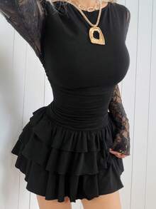 SHEIN EZwear 女士新款秋季黑色蕾丝拼接层叠荷叶边迷你连衣裙 - 黑色 - 查看 7