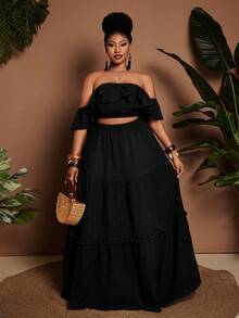 Maweii Plus Size Women's 2026 Black Summer Boho Vacation Holiday Textured Off-Shoulder Ruffle Crop Top & Multi-Layer Slit Maxi Skirt 2-Piece Set - Black - View 5