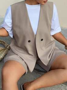 Dazy Plus Plus Size Women's Solid Color Business Casual Sleeveless Open Front Cardigan + Straight Leg Shorts 2 Piece Set, Spring/Summer - Khaki - View 1