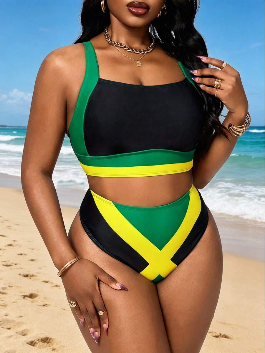 Slaydiva Plus Size Fashionable Sexy Casual Vacation Contrast Color Tankini Bikini Set Set - Multicolor - View 1