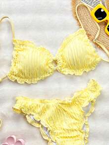 Swim SXY Summer Solid Color Jacquard Fabric Cute Frill Trim Adjustable Tie Strap Casual Beach Bikini Set - Yellow - View 3