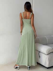 Aloruh Women's Elegant Sage Green Summer Super Long Pleated Mesh Patchwork Dress,A-Line Brunch Vacation Party Date Music Festival Y2K Wedding Guest Attire - Green - View 2