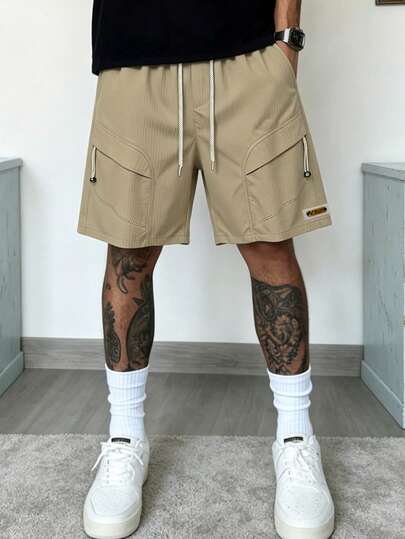 Manfinity LEGND Men's Loose Solid Casual Shorts, Urban Style Drawstring Waist, Daily & Weekend Wear