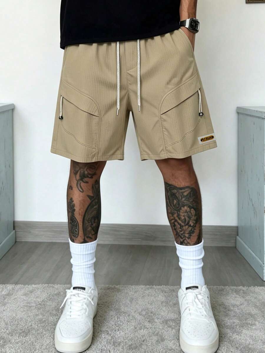 Manfinity LEGND Pantalones cortos casuales sólidos y holgados para hombres, con cintura con cordón, para uso diario y de fin de semana, estilo urbano - Caqui - Ver 1