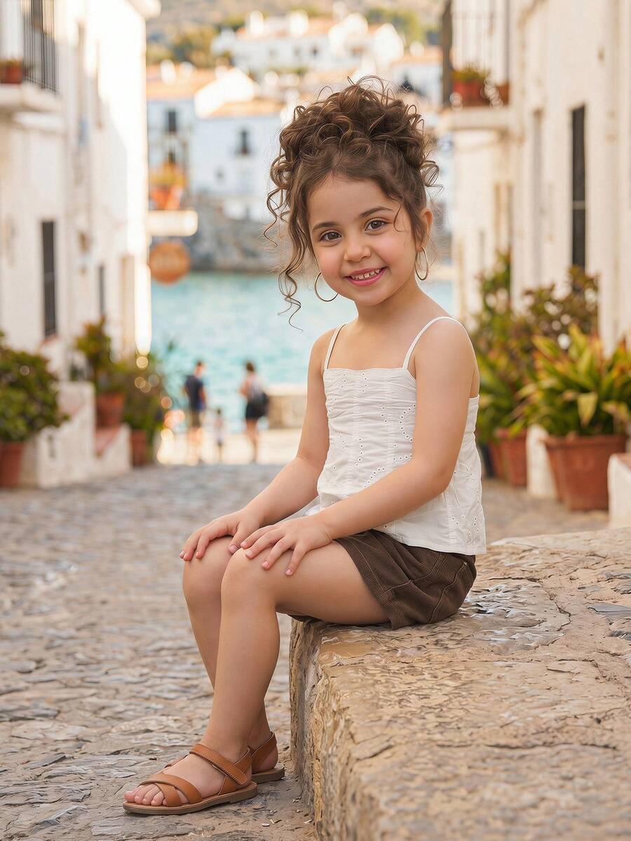 Dazy Kids Áo tank top trắng không tay cho bé gái, dáng rộng mùa hè, viền lượn sóng có thêu. - trắng - Xem 1