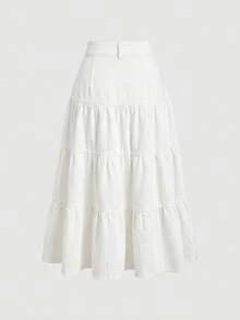 Sweetra Women's Button Zipper Fashion Versatile Ruffle Hem Denim Maxi Skirt - White - View 2