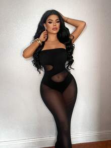 SHEIN SXY 黑色网纱性感拼接无袖连衣裙 - 黑色 - 查看 1