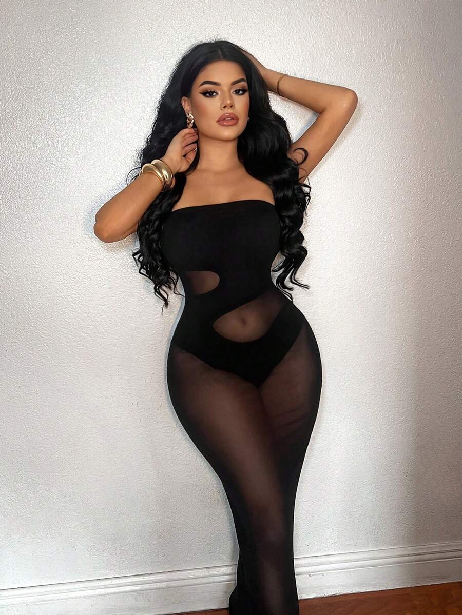 SHEIN SXY 黑色网纱性感拼接无袖连衣裙 - 黑色 - 查看 1