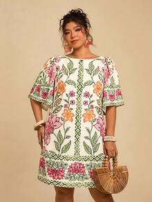 Travachic Damen Große Größen Tropisch Boho Muster Locker Sitzend Rundhals Kurzarm Casual Kleid, geeignet für Herbst, Urlaubsoutfits für Frauen - Verschiedenfarbig - Übersicht 5