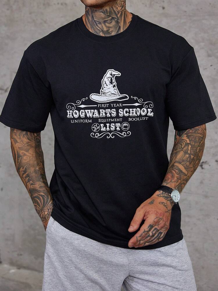 Black Round Neck Casual Letter Print Short Sleeve T-Shirt For Men, Summer Vacation