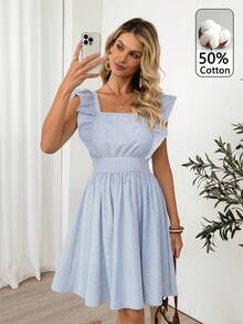 Easowa Women's Fashion Versatile White Stripe Ruffle Hem Dress Dates Golf Summer Cute Sexy - Blue and White - View 3