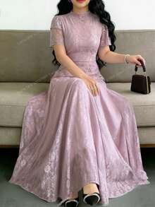 Modelyn 法式设计感半高领收腰开衩女式连衣裙 - 藕粉色 - 查看 4