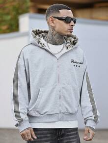Devon Thys Men's Streetwear, Retro, Ins Style Hoodie, Knitted Hooded Cardigan, Sweatshirt, Plush Leopard Print Fabric, Luxury Quality, Brand Logo, Personalized, Streetwear, Casual, Fashion, Outdoor, Back To School, Holiday Gift, Boyfriend Gift, Husband Gift - Grey - View 6