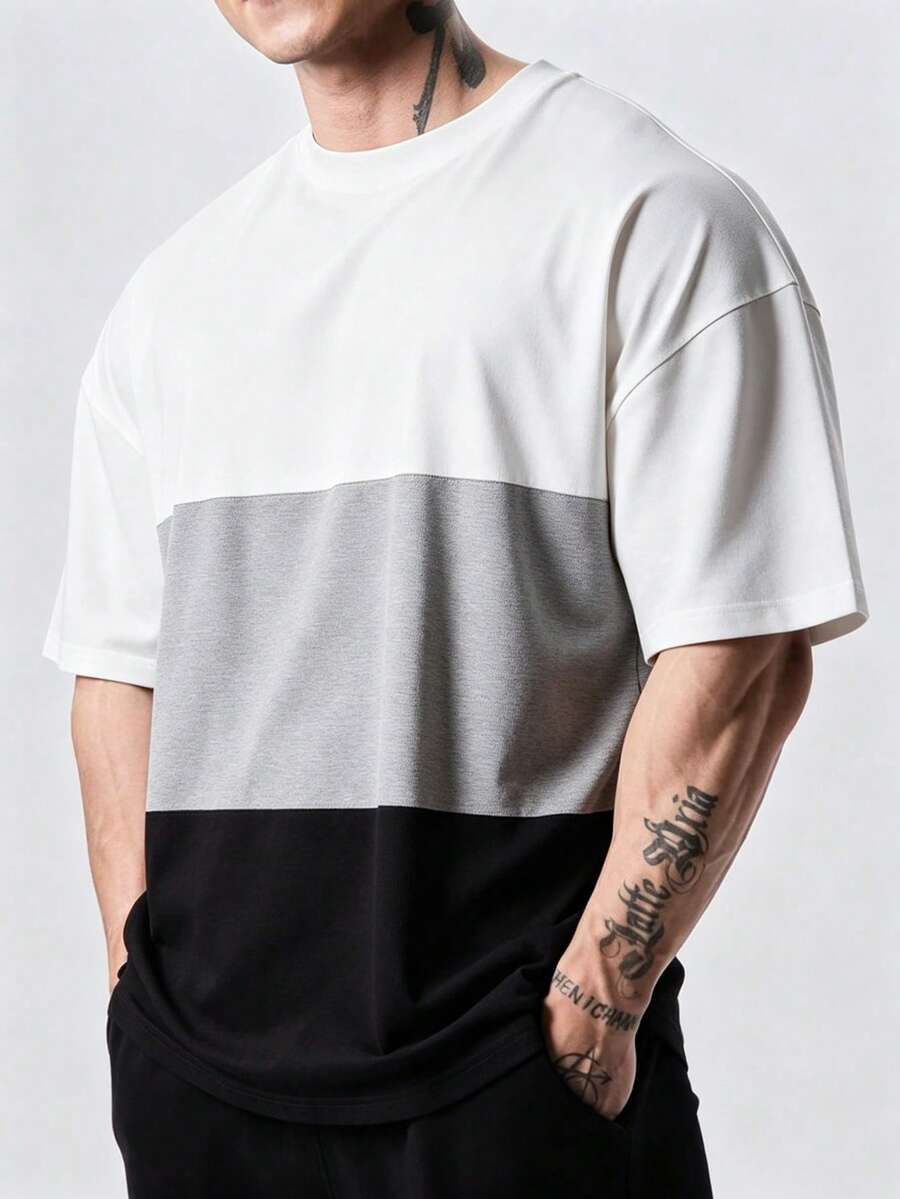 GymBeat Men's Patchwork Comfortable Soft Short Sleeve Top, Summer, Gym, Holiday - White - View 1