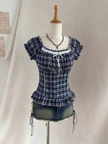 Attitoon Off-Shoulder Ruffle Trim Plaid Blouse, Cute Women Top, Brown - Blue - View 6