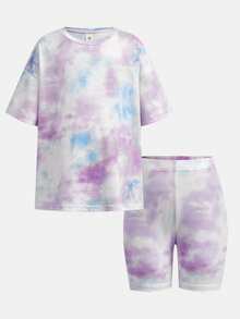 SHEIN Bộ 2 món áo thun cổ tròn và quần short nhuộm màu tie-dye cho bé gái, thích hợp mặc thường ngày. - Màu Hồng baby - Xem 9