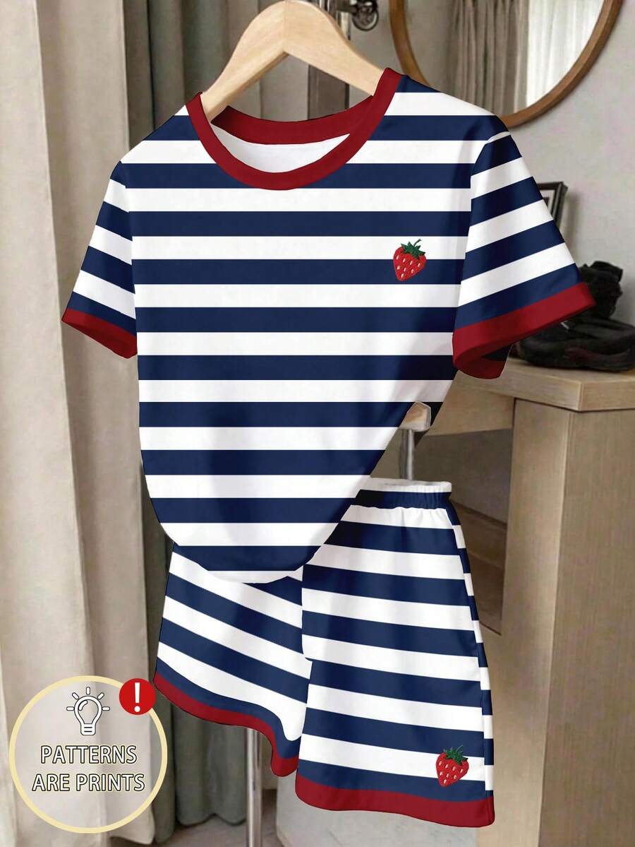 Áo thun ngắn tay cổ tròn in hình dâu tây kẻ sọc nhiều màu sắc phong cách vintage dành cho bé gái, thoải mái cho cả mùa hè và mùa thu, phù hợp mặc hàng ngày. - trắng - Xem 1