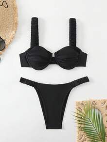 Swim Vcay Conjunto de bikini de unicolor para playa de verano con soporte de aro - Negro - Ver 4