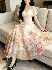Modelyn 杏色法式连衣裙，饰以风景和棕榈树图案，时尚方领荷叶边短袖设计，收腰长款度假连衣裙，适合夏季度假和日常穿着。 - 彩色 - 查看 3
