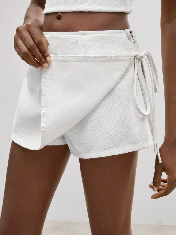 SHEIN Maija Women's Casual Solid Color Tie-Up Denim Shorts, Summer Jorts