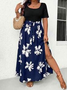 SHEIN Frenchy Vestido corto de manga corta de unicolor con parches de estampado de leopardo para uso diario para mujeres de talla grande, ropa de otoño - Azul - Ver 7