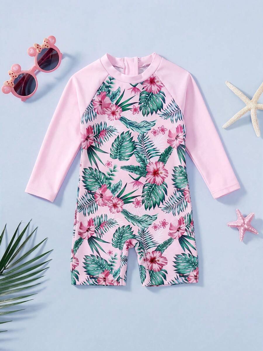 SHEIN Bộ đồ bơi liền thân in họa tiết nhiệt đới cho bé gái, thích hợp cho kỳ nghỉ biển. - Hồng - Xem 1