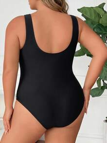 SHEIN CURVE+ 大码女士条纹交叉前开连体泳衣，收腹沙滩装夏季泳衣，夏季海滩，沙滩度假泳衣，夏季，女士度假装，女士沙滩装，大码连体泳衣套装，泳衣，显瘦泳衣 - 黑色 - 查看 2