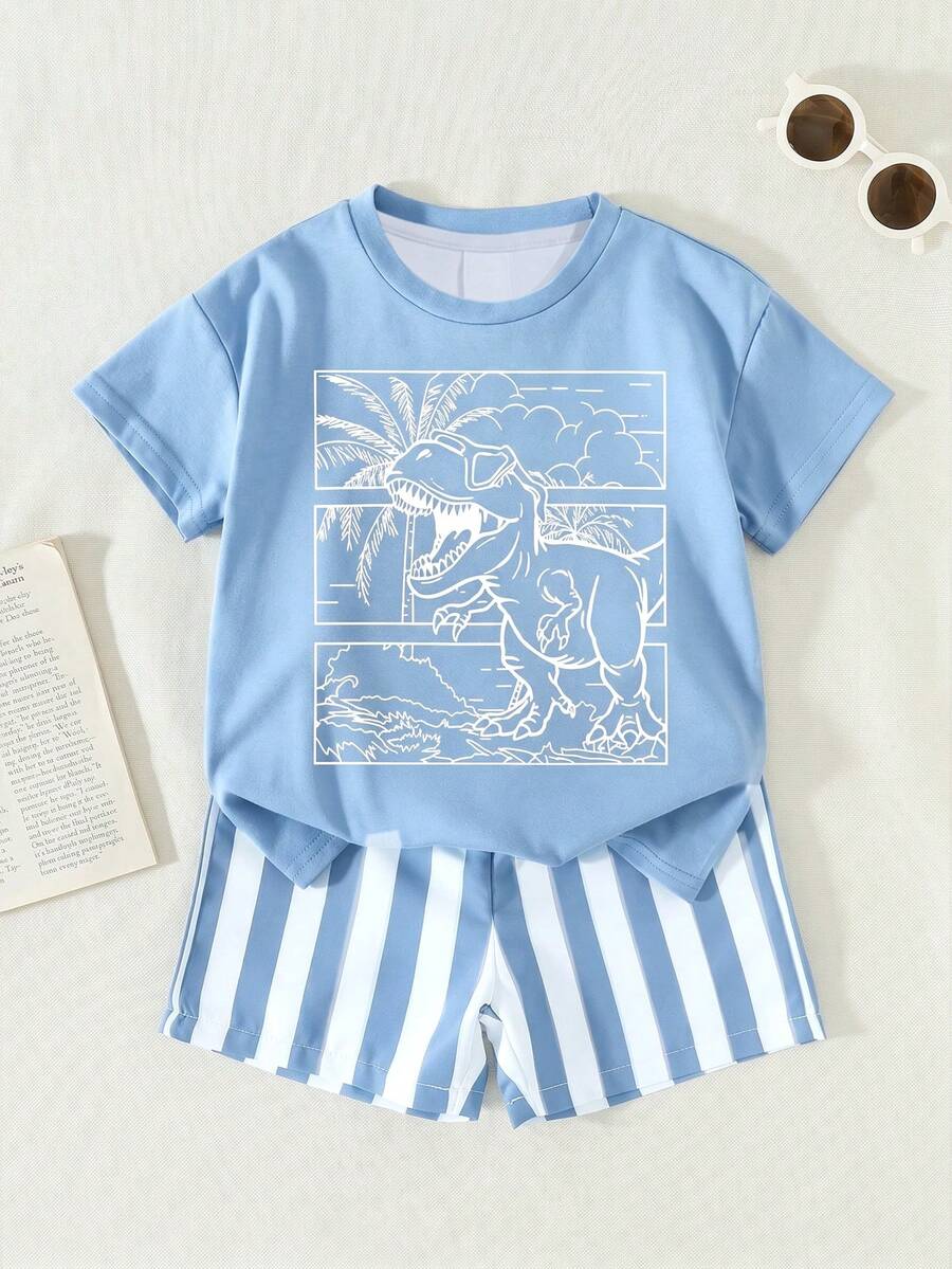 Conjunto de 2 peças para menino, casual, com estampa de dinossauro listrado, camiseta de manga curta com gola redonda e shorts. Ideal para o verão, estilo urbano, uso diário, férias e moda primavera/verão. - Multicolorido - Ver 1
