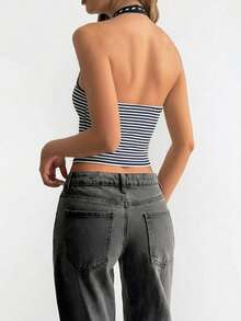 EMERY ROSE Summer Spaghetti Strap Striped Slimming Sexy Camisole For Women - Black and White - View 2
