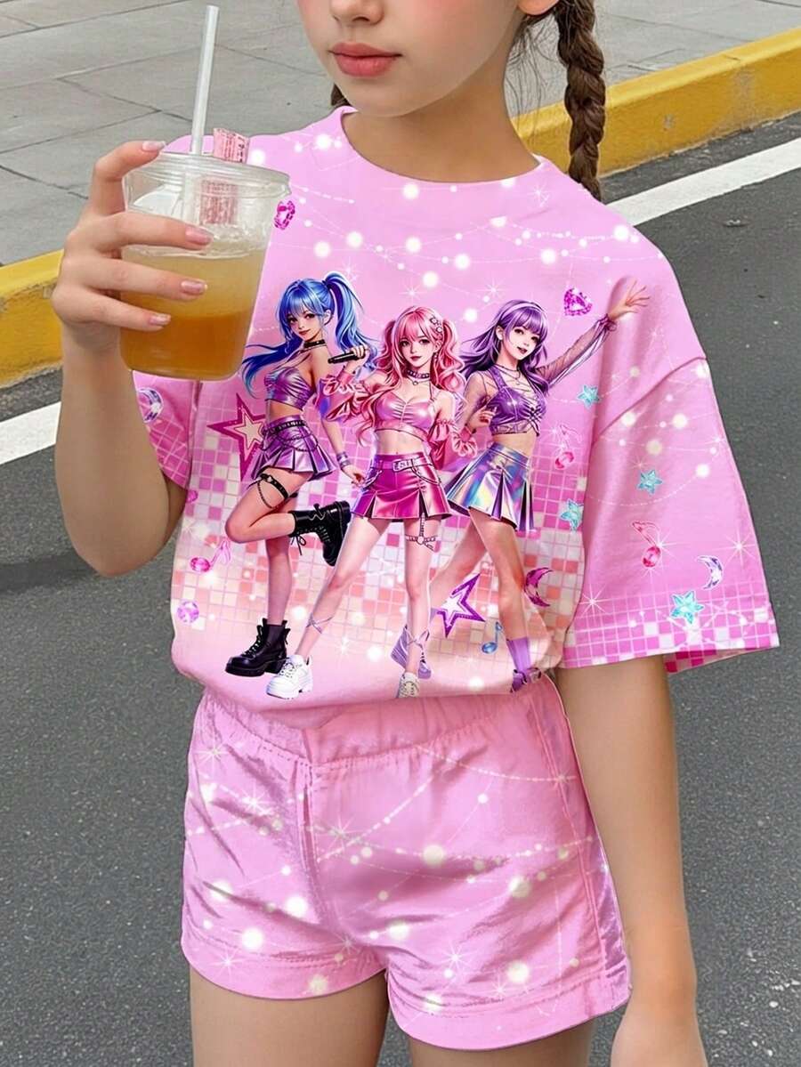 少女亮粉色K-POP卡通女孩图案休闲街头风短袖T恤和短裤两件套 - 彩色 - 查看 1