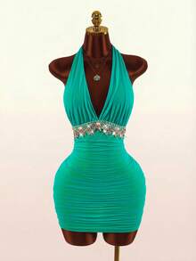 Amplova Nuevo vestido mini de verano para mujer con cuello en V, halter, fruncido y contraste de colores - Azul - Ver 12
