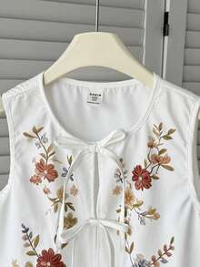 SHEIN 青少年女孩夏季新款休閒度假花卉印花前綁帶無袖背心上衣 - 白色 - 查看 4