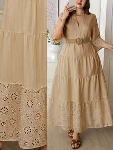 SHEIN LUNE Plus Size Women's Casual Beach Vacation Solid Color Contrast Schiffy Panel Notched Neck Ruffle 3/4 Sleeve Dress, Spring/Summer/Autumn - Khaki - View 7