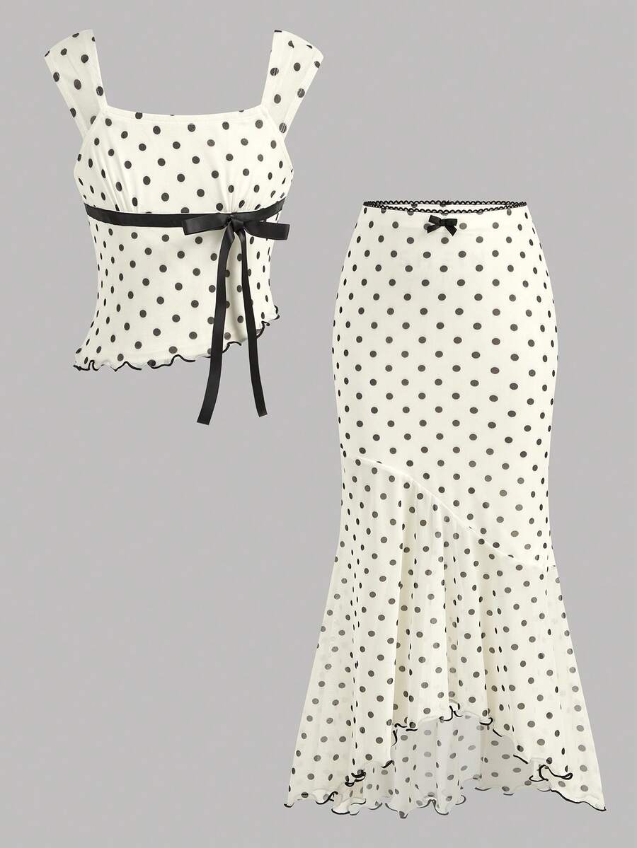 SHEIN Girlism Tween Girls' Casual Polka Dot Print Contrast Ribbon Decor Asymmetric Hem Camisole And Tulip Hem Skirt Set - Beige - View 1