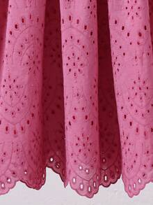 SHEIN 1 pieza Vestido elegante para niña preadolescente con cuello redondo, manga corta, bordado calado y dobladillo amplio, para uso casual, de fiesta o formal, color rojo rosa - Rosa Fucsia - Ver 7