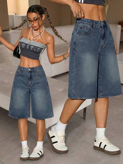Jeans capri bleus ample pour adolescentes