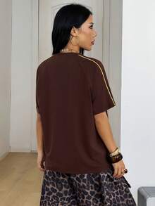 Coolane Women's & Men's Summer Streetwear Casual Y2K Cool Event Letter Brazil Printed Color-Blocked Short Sleeve Brown Banded Texture Decoration T-Shirt,Summer Top - Coffee Brown - View 5