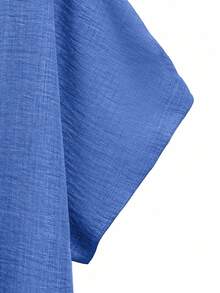 EMERY ROSE Setelan Linen 2 Potong Wanita Ukuran Besar, Atasan Lengan Pendek Leher Bulat Warna Biru Tua dan Celana Panjang Kaki Lebar Pinggang Elastis, Setelan Kasual Elegan untuk Liburan Musim Panas - Baby Blue - View 4