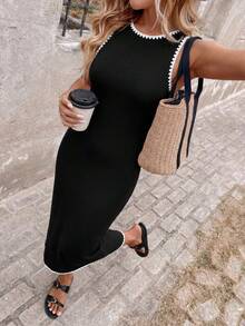 Vestido midi con cuello redondo, sin mangas, ajustado a la cintura, con dobladillo bordado en contraste y abertura lateral, hecho de tela de algodón cómoda, vestido casual, relajado y - Multicolor 7 - Ver 2