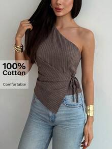 Aloruh 极简通勤春夏新款杏色条纹褶皱系带女式短衬衫 - 棕色 - 查看 8