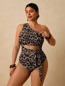 Travachic Vintage Leopard Print Contrast Color Plus Size One-Piece Swimsuit - Multicolor - View 6