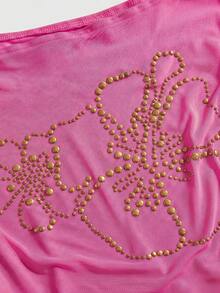 ROMWE Y2K Style Hibiscus Flower Rivet Sequin Decor Women Slim Fit Asymmetrical Shoulder Top - Hot Pink - View 3
